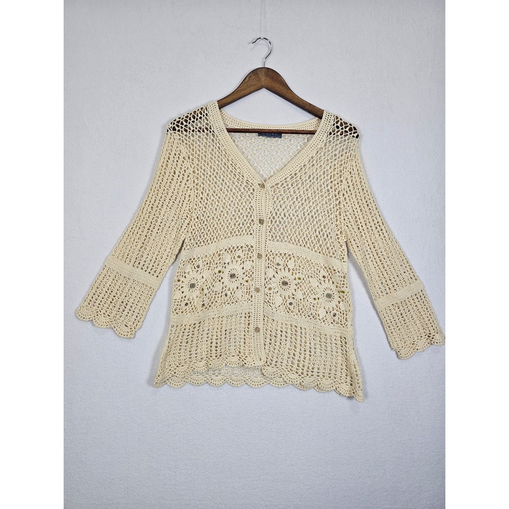 Boho Koret Crochet Knit Cardigan Women M Cream Beaded Floral Open Weave V-Neck